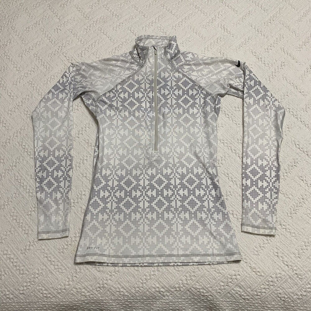 Nike Pro Womens 1/4 Zip Jacket Size S White Print Dri-Fit Compression Pullover